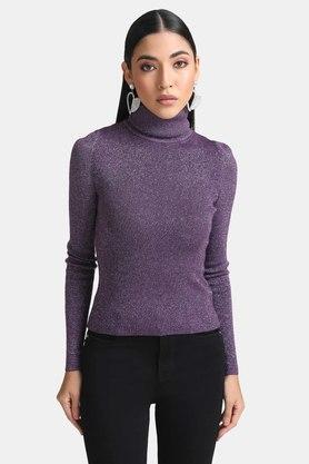 solid polyester blend turtle neck womens pullover - wine