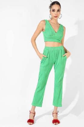 solid polyester blend v neck women's co-ord set - green
