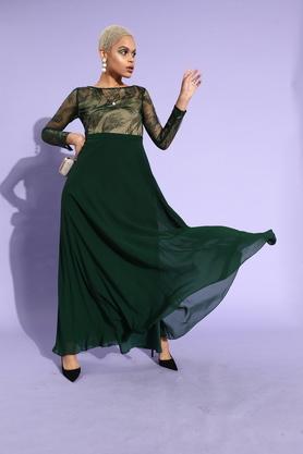 solid polyester boat neck women's knee length dress - green
