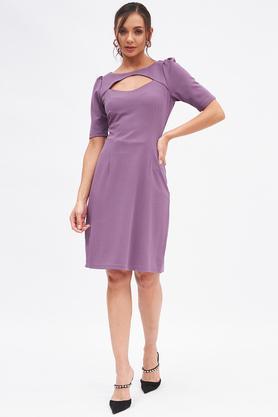 solid polyester boat neck women's mini dress - lavender