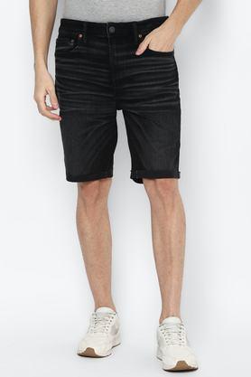 solid polyester button men's shorts - black