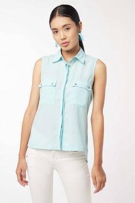 solid polyester collar neck women's casual shirt - blue
