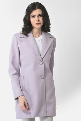 solid polyester collar neck women's coat - purple
