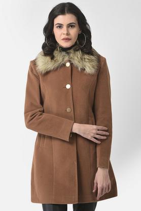 solid polyester collar neck women's coat - tan