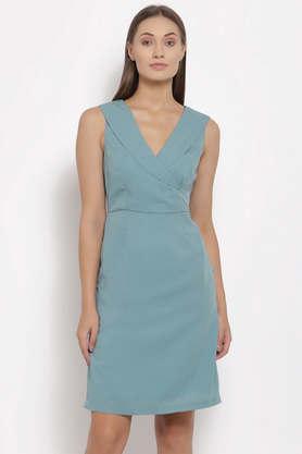 solid polyester collar neck women's knee length dress - turquoise