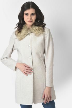 solid polyester collar neck women's over coat - off white