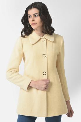 solid polyester collar neck women's over coat - yellow