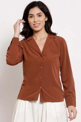 solid polyester collar neck women's shirt - brown