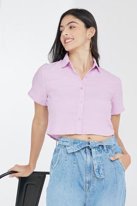 solid polyester collar neck women's shirt - lilac