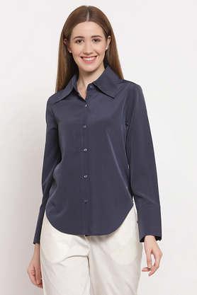 solid polyester collar neck women's shirt - navy