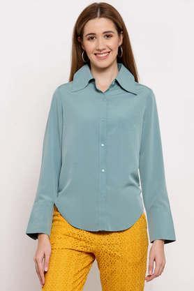 solid polyester collar neck women's shirt - turquoise
