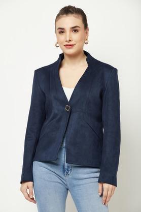 solid polyester collar neck womens coat - navy