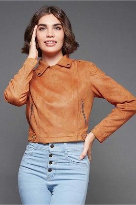 solid polyester collar neck womens jacket - orange