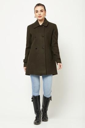 solid polyester collar neck womens over coat - olive