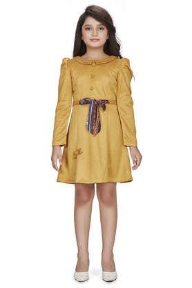 solid polyester collared girls party wear dress - mustard