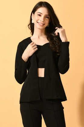 solid polyester collared women's jacket - black