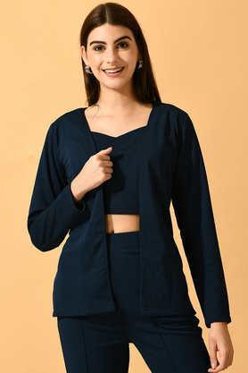 solid polyester collared women's jacket - navy
