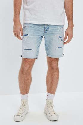 solid polyester cotton button closure men's shorts - indigo