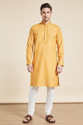 solid polyester cotton mens festive wear kurta - mustard