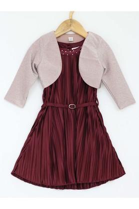 solid polyester cotton round neck girls party wear dress - maroon