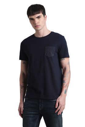 solid polyester cotton round neck men's casual wear t-shirt - blue