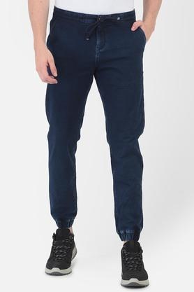 solid polyester cotton slim fit men's joggers - blue