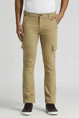 solid polyester cotton straight fit men's trousers - natural