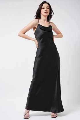 solid polyester cowl neck women's maxi dress - black