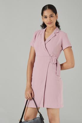 solid polyester crepe straight fit women's knee length dress - dusty pink