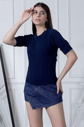 solid polyester crew neck women's top - navy