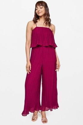 solid polyester flared fit women's regular jumpsuit - wine