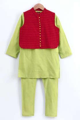 solid polyester full length boys kurta & pajama with jacket - lime green