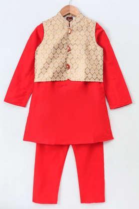 solid polyester full length boys kurta & pyjama with jacket - red