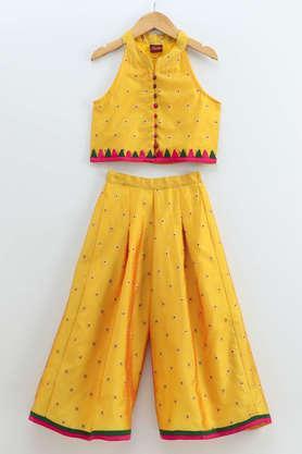 solid polyester full length girls top & palazzo set - yellow