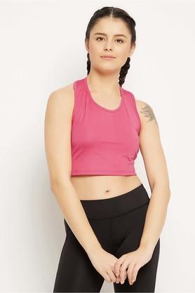 solid polyester halter neck women's active wear crop top - pink
