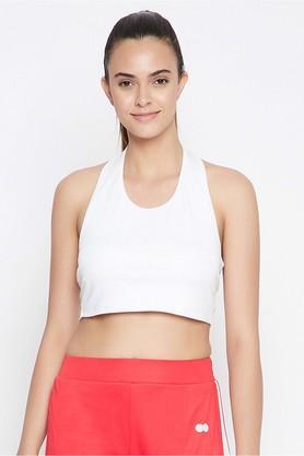 solid polyester halter neck women's active wear crop top - white