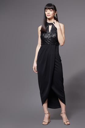 solid polyester halter neck women's midi dress - black