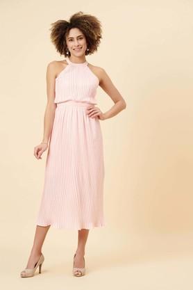 solid polyester halter neck women's midi dress - pink