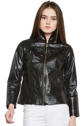 solid polyester high neck women's jacket - black