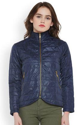 solid polyester high neck women's jacket - blue