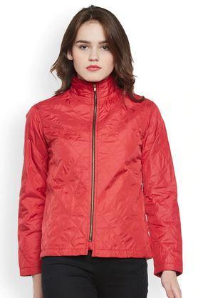 solid polyester high neck women's jacket - red