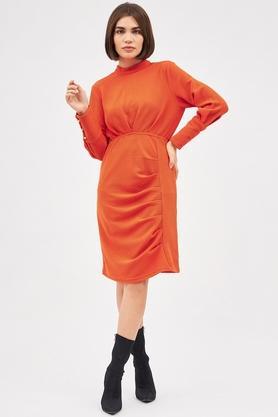solid polyester high neck women's mini dress - orange