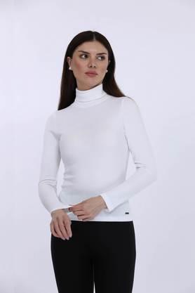 solid polyester high neck women's t-shirt - white