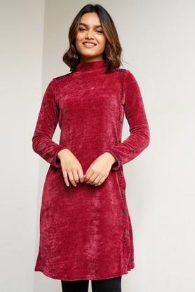 solid polyester high neck women's tunic - wine