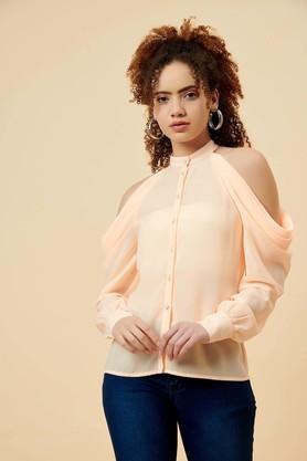 solid polyester high neck womens casual shirt - peach