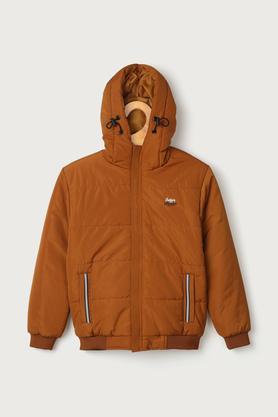 solid polyester hood boys jacket - brown