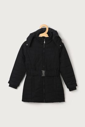 solid polyester hood girls jacket - black