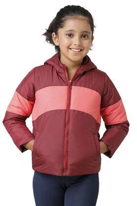 solid polyester hood girls jacket - maroon