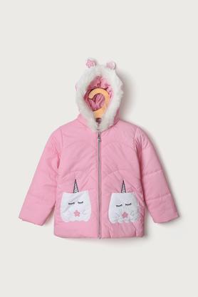 solid polyester hood girls jacket - pink