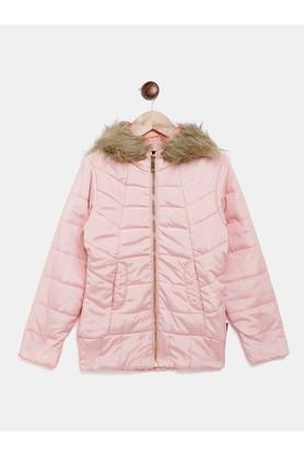 solid polyester hood girls jacket - pink